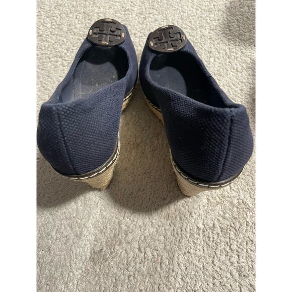 Tory Burch Womens 9.5 M Cerise Canvas Peep Toe Wedge Espadrille Pumps Blue - Picture 6 of 13